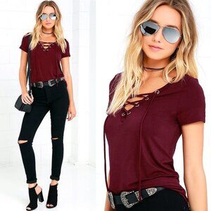 Lulus Enjoy The Ride Wine Red lace‎ Up Short Sleeve Tee T-Shirt Boho NEW XS Boho